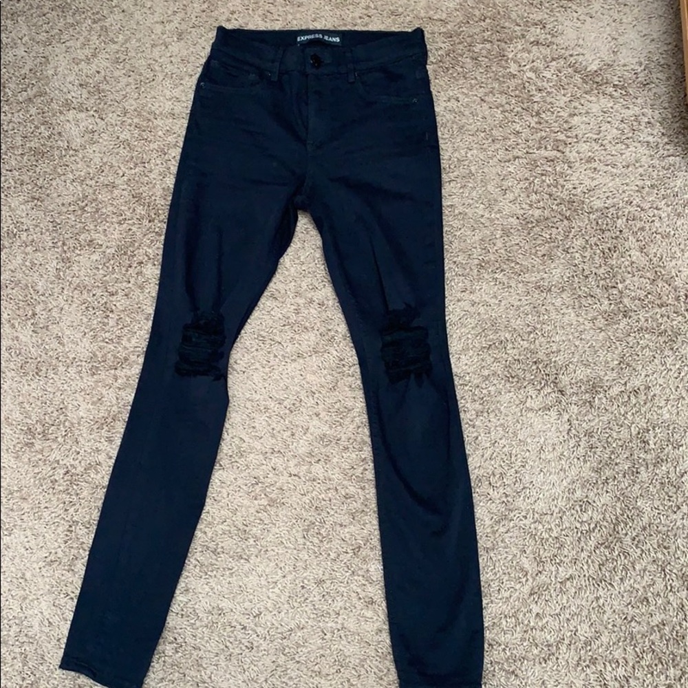 Express Skinny Jeans - Black w/ frayed hole knees